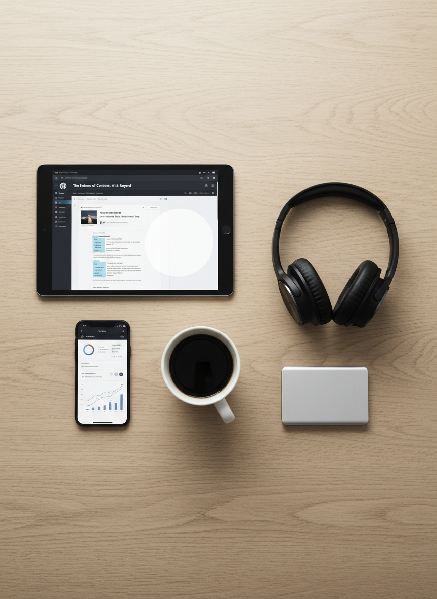 An elegant flat lay of carefully arranged WordPress blogging tools on a smooth, light oak surface: a tablet showing the WordPress post editor with a draft article, a smartphone displaying site analytics graphs, a pair of over-ear headphones with matte finish, and a slim silver external SSD. A ceramic mug of black coffee sits near the tablet, its surface reflecting a soft overhead light. The layout follows clean lines with deliberate spacing, shot from a directly overhead perspective. The lighting is even and diffused, reducing harsh shadows and highlighting textures of metal, glass, and wood. Photographic realism with a modern, minimalist aesthetic, conveying a deliberate, strategic, and professional content-creation mood.
