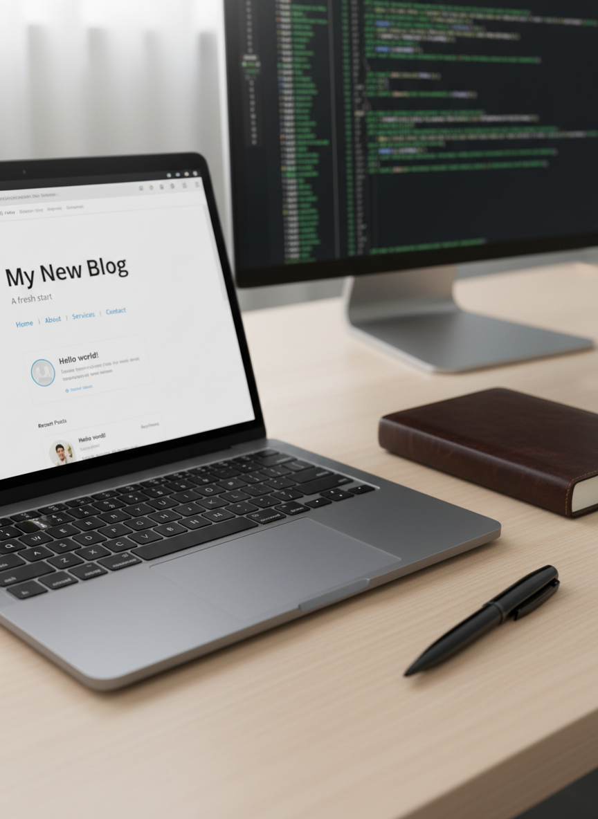A close-up of a high-end, space gray laptop on a tidy wooden desk, its screen showing a freshly installed, default WordPress blog homepage with a clean theme and simple typography. The laptop’s brushed metal texture catches soft, diffused morning light, creating subtle highlights along the edges of the trackpad and keys. Beside it, a closed leather-bound journal and a black metal pen rest neatly aligned. In the softly blurred background, a large monitor shows lines of neatly formatted code. Photographic realism, shot from a slightly elevated angle, with a calm, organized, professional blogging atmosphere and a subtle bokeh that emphasizes the screen as the main subject.