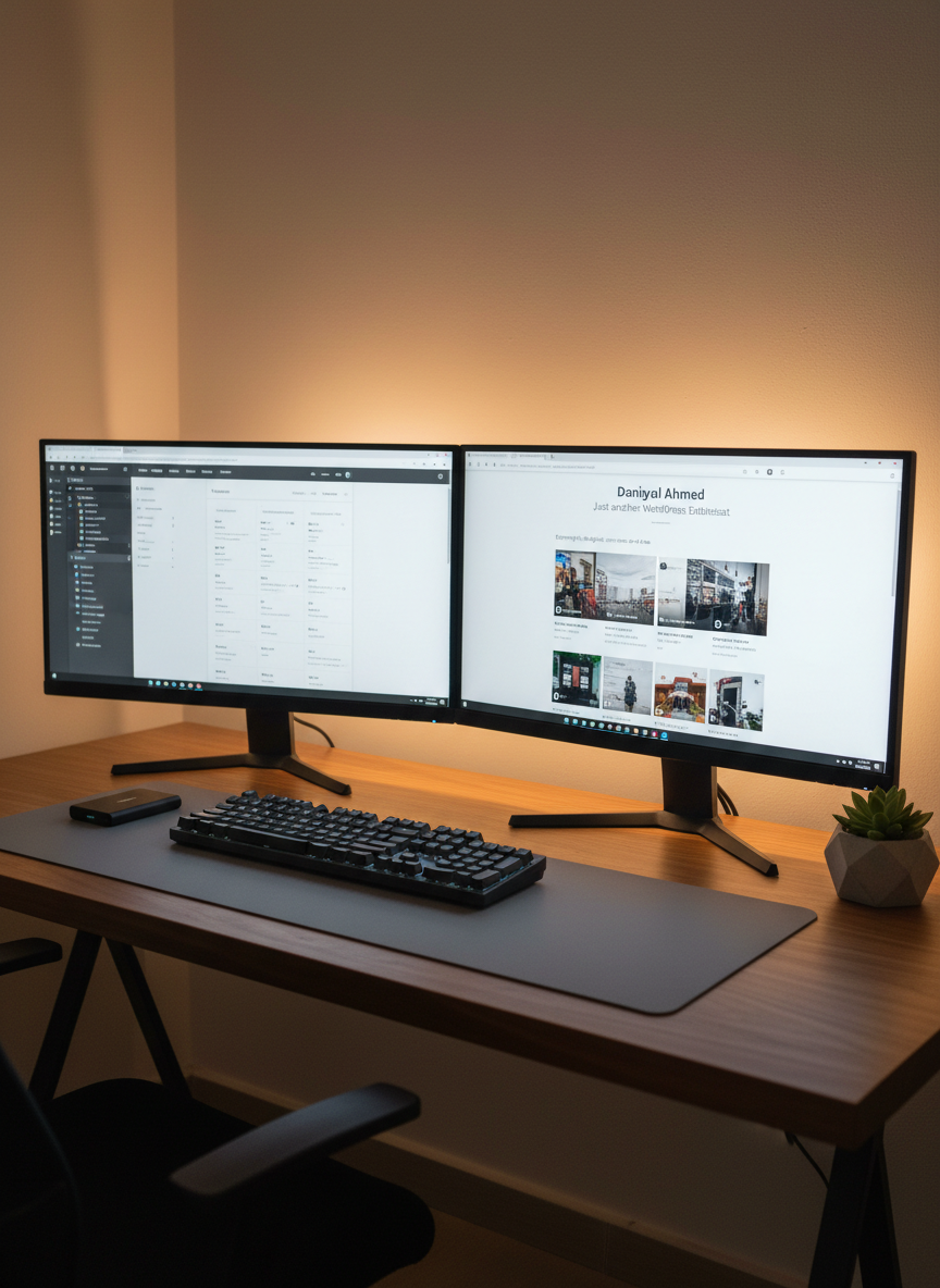 A meticulously organized dual-monitor setup for a WordPress enthusiast, with one monitor displaying a theme customizer interface and the other showing a live preview of a polished personal blog homepage titled “Daniyal Ahmed – Just another WordPress Enthusiast.” The monitors sit on a walnut desk with a subtle matte finish, accompanied by a low-profile keyboard and large precision mousepad. An external SSD and a small geometric concrete planter add detail without clutter. Warm, indirect LED strip lighting behind the monitors casts a soft glow on a neutral wall, creating a halo effect. Photographic realism, slightly wide-angle shot from a seated perspective, with a calm, focused, and professional atmosphere that emphasizes customization and refinement.